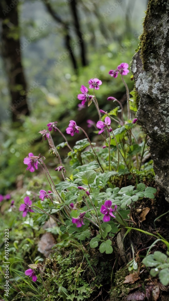 Obraz premium Delicate purple wildflowers bloom amidst lush greenery in a serene forest setting