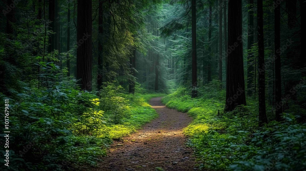 Fototapeta premium Atmospheric Forest Trail Background. Nature Photography. 