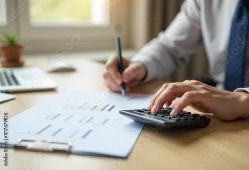 A person's hands using a calculator and writing on a document on a desk