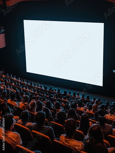 A crowded cinema with an empty screen, preparing for a film presentation.