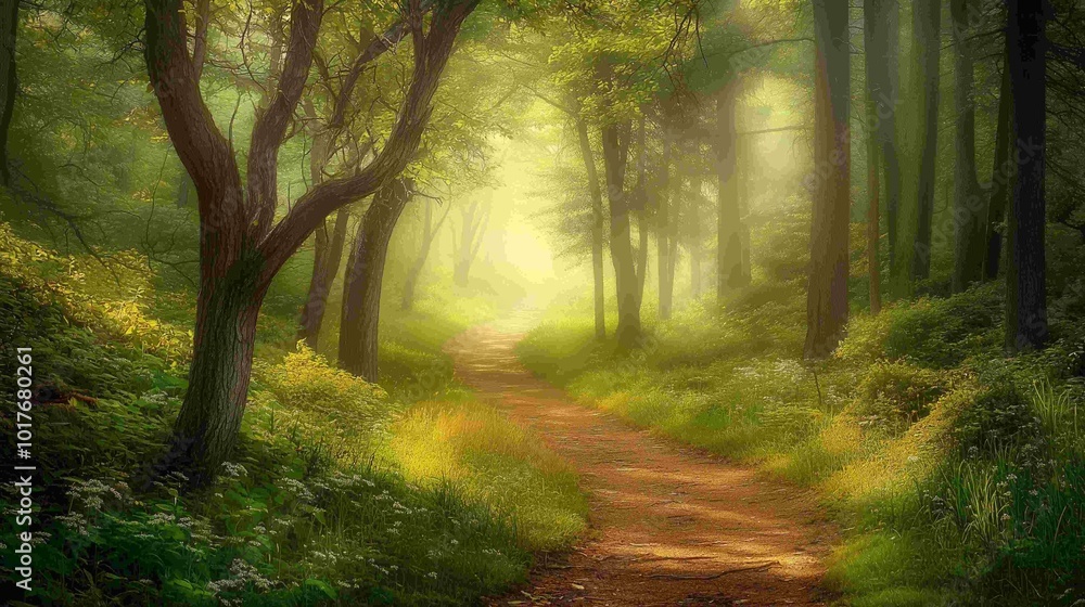 Fototapeta premium Atmospheric Forest Trail Background. Nature Photography.