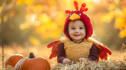 Toddler in Oversized Turkey Costume Smiling Happy
