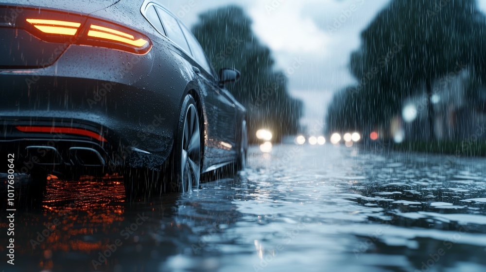 A sleek car driving through a rainy street during twilight, with reflections in puddles and headlights glowing A sleek car driving through a rainy street during twilight, with reflections in puddles and headlights glowing