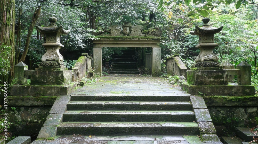 A mystical stone pathway leads to a hidden shrine in an ancient forest A mystical stone pathway leads to a hidden shrine in an ancient forest