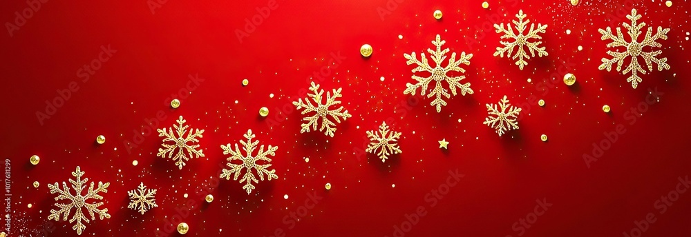 golden snowflakes and glitter scattered diagonal across gradient red background, elegant banner with copy space. concepts: Christmas, winter holidays, New Year, website header during festive season. golden snowflakes and glitter scattered diagonal across gradient red background, elegant banner with copy space. concepts: Christmas, winter holidays, New Year, website header during festive season.