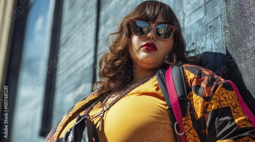 Plus-size young woman in streetwear Targeted at plus-size fashion content, especially street style, which is underrepresented in mainstream fashion. photo