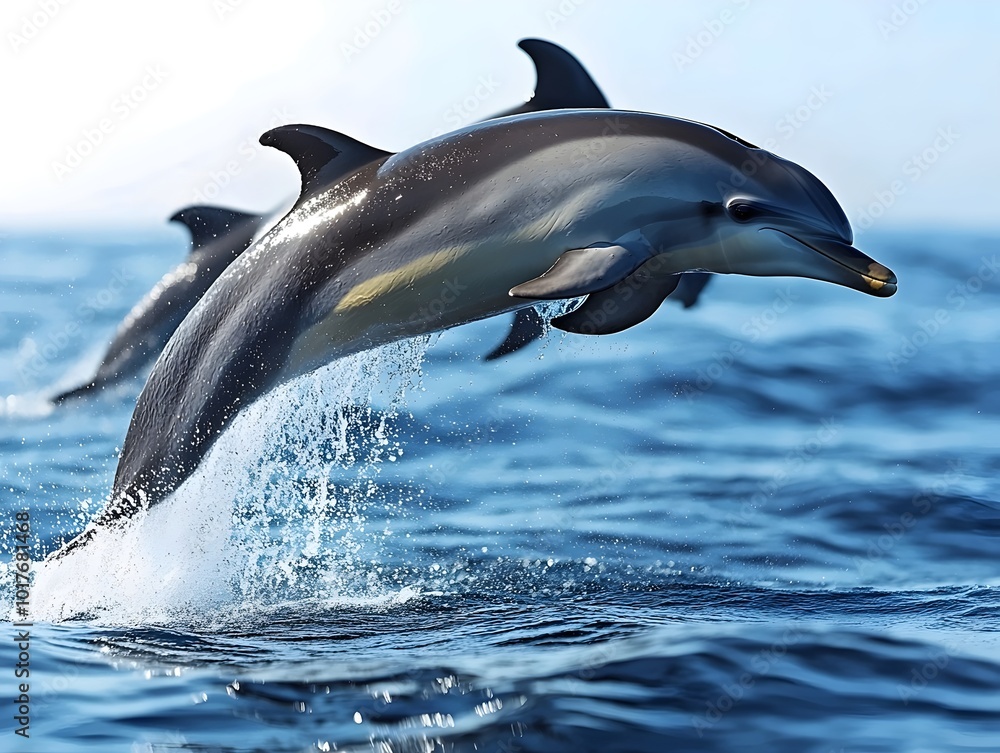 Fototapeta premium Two dolphins leap from the water, creating a splash and showing off their sleek, grey and white bodies.