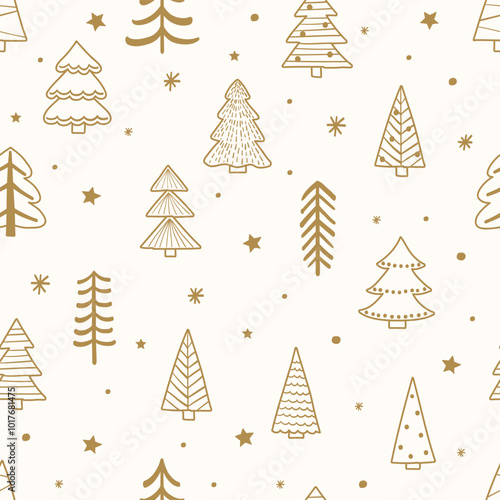 Christmas seamless pattern with cartoon trees and snowflakes. Wallpaper and wrapping paper design. Vector illustration