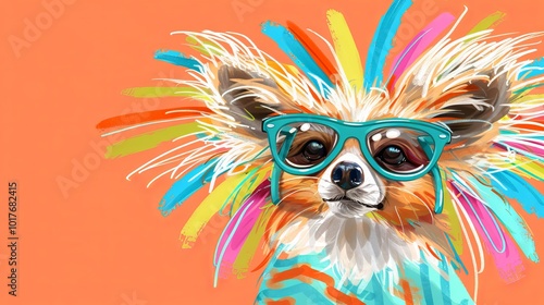 fox wearing colorful sunglasses and sporting wild, multicolored fur, set against a vibrant orange background, evoking a fun and quirky vibe