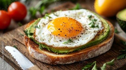 A slice of toasted bread is spread with creamy avocado and set with a perfectly cooked sunny-side-up egg, garnished with fresh herbs and cherry tomatoes on the side