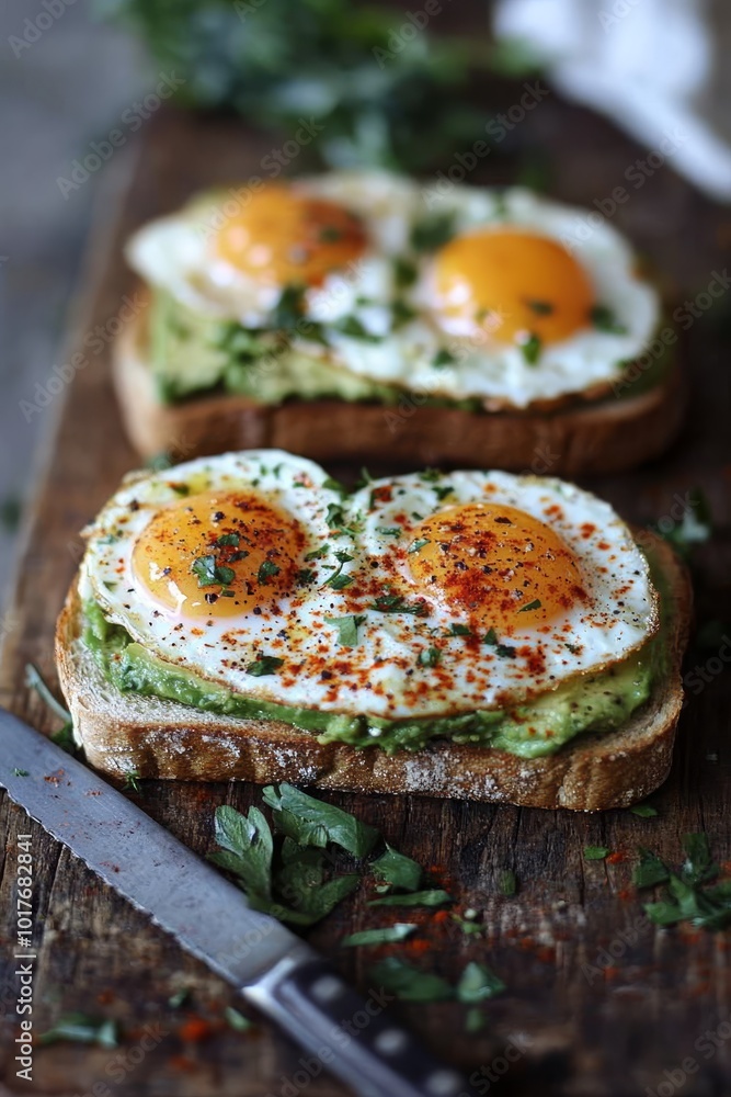 Savor the taste of freshly toasted bread layered with creamy avocado, accompanied by perfectly fried eggs and a sprinkle of herbs. A tempting breakfast option Savor the taste of freshly toasted bread layered with creamy avocado, accompanied by perfectly fried eggs and a sprinkle of herbs. A tempting breakfast option