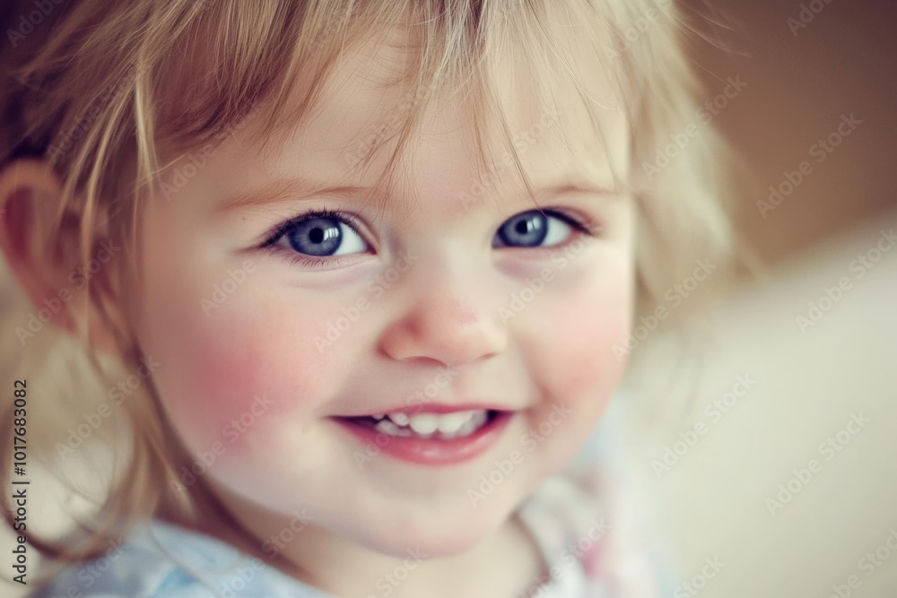 Bright-eyed toddler smiles warmly, showcasing innocence and joy in a cozy indoor setting Bright-eyed toddler smiles warmly, showcasing innocence and joy in a cozy indoor setting