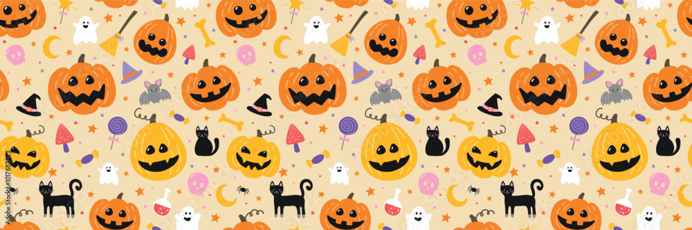 Naklejka premium Halloween background with hand drawn elements. Seamless texture concept. Vector illustration