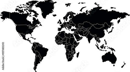 World map with Highlighted  Country Borders Vector Illustration