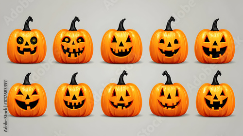 Collection of Nine Jack-O-Lantern Pumpkins with Carved Smiling Faces, Isolated on a Light Gray Background