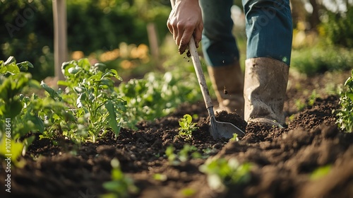 Person using a hoe to break up the soil in a garden bed