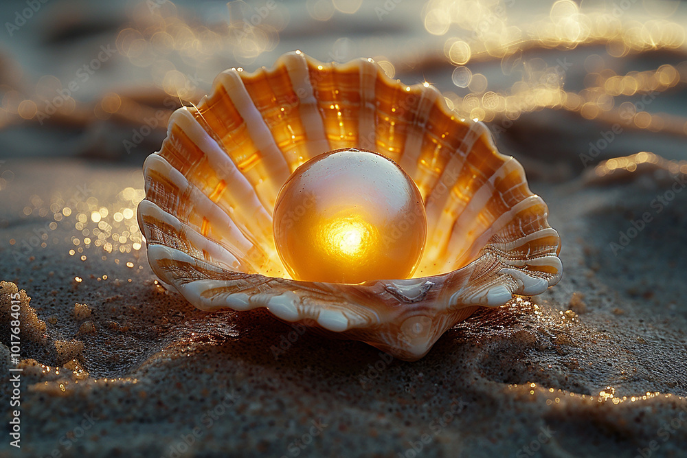 Shiny pearl in shell on sand with ocean background generated.AI Shiny pearl in shell on sand with ocean background generated.AI