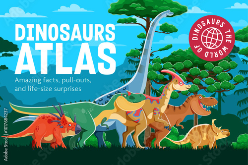 Cartoon prehistoric dinosaur characters, encyclopedia book cover vector template. Funny jurassic dino animals and reptiles in jungle forest. Cute tyrannosaurus rex, allosaurus, titanosauria dinosaurs