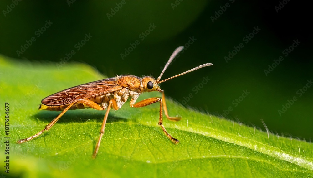 A highly detailed macro image of a small, golden-brown insect with long antennae A highly detailed macro image of a small, golden-brown insect with long antennae