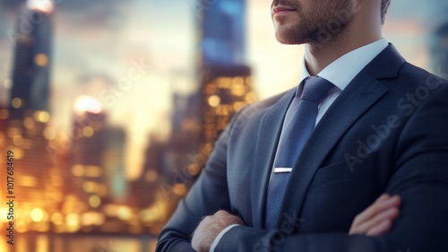 Businessman in a suit standing confidently with a city skyline at sunset in the background