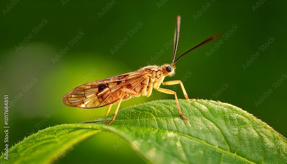 A highly detailed macro image of a small, golden-brown insect with long antennae A highly detailed macro image of a small, golden-brown insect with long antennae