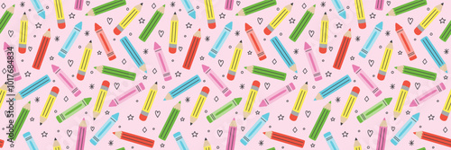 School texture with cartoon crayons. Back to school background design. Banner. Vector illustration