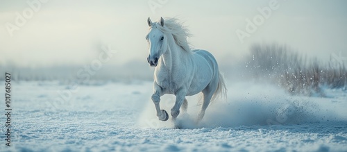White horse running in the snow with a blurred background.
