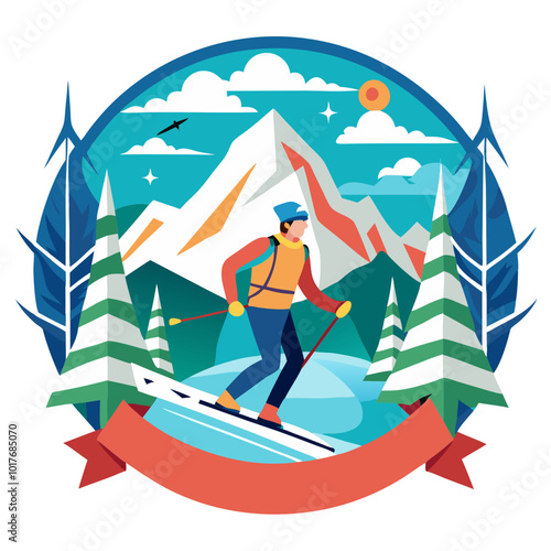 Skiing Adventure: A vibrant illustration capturing the thrill of skiing, featuring a skier gliding down a snowy mountainside with majestic peaks in the background. 