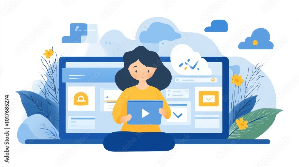 Fototapeta premium Woman Working on Laptop with Online Content and Video Player