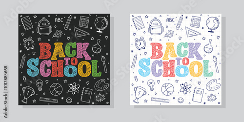 Cute school posters with colourful icons. Back to school design collection. Vector illustration