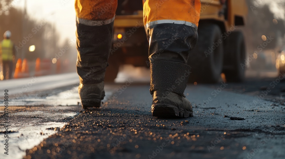 Road construction worker, focused on paving, repairing, or maintaining roadways and transportation infrastructure. Road construction worker, focused on paving, repairing, or maintaining roadways and transportation infrastructure.