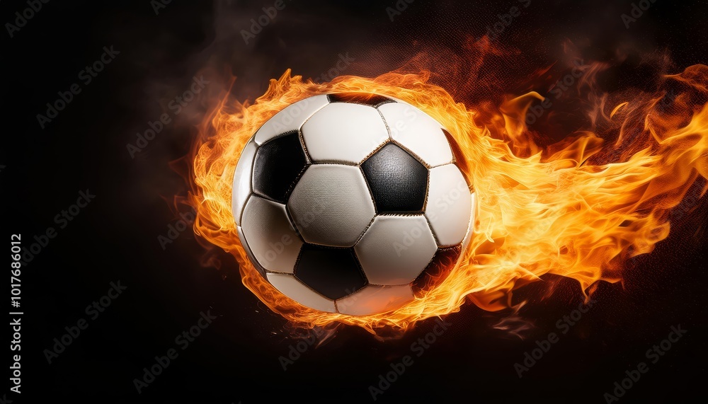 Fototapeta premium A soccer ball engulfed in flames symbolizes passion, energy, competition, and drive to succeed. The image captures the intensity and excitement of the sport, with the flames representing the burning d