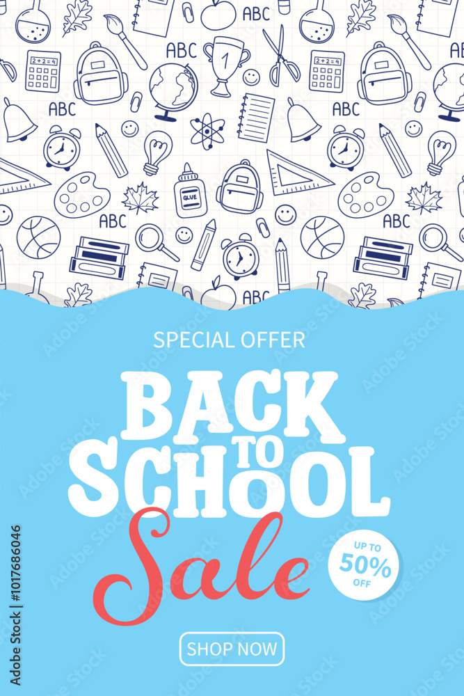 Cute Back to School Sale poster with hand drawn icons. Back to school design. Vector illustration Cute Back to School Sale poster with hand drawn icons. Back to school design. Vector illustration