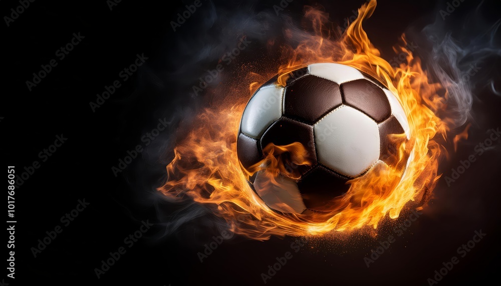 Fototapeta premium A soccer ball engulfed in flames, symbolizing passion, intensity, competition, energy, and unstoppable determination.