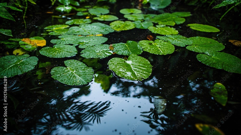 Lush green lily pads float on dark water with their reflections in the water. Lush green lily pads float on dark water with their reflections in the water.