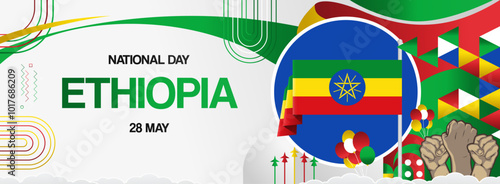 Ethiopia national or independence day celebration banner. Vibrant modern design for holiday celebration, greeting card, billboard, sport event backdrop. May 28. Happy Derg Downfall Day background