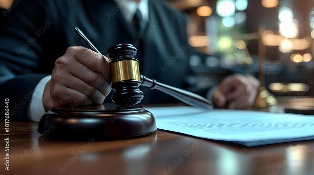 Close-up of a Judge's Hand Holding a Gavel and a Pen, with a Document on a Wooden Table Close-up of a Judge's Hand Holding a Gavel and a Pen, with a Document on a Wooden Table