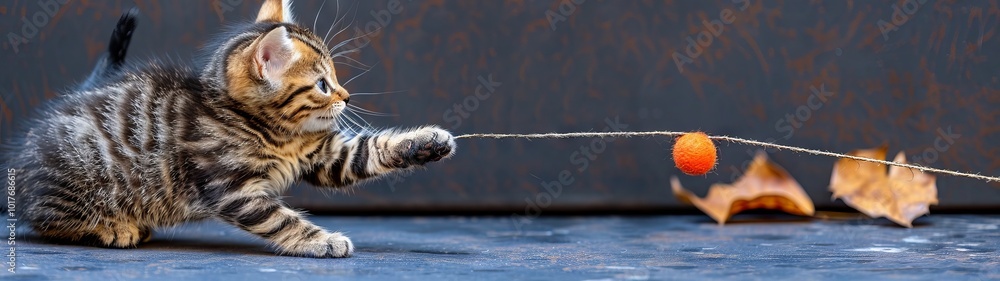 tabby kitten plays with a stick holding a small orange ball and a dry leaf tabby kitten plays with a stick holding a small orange ball and a dry leaf