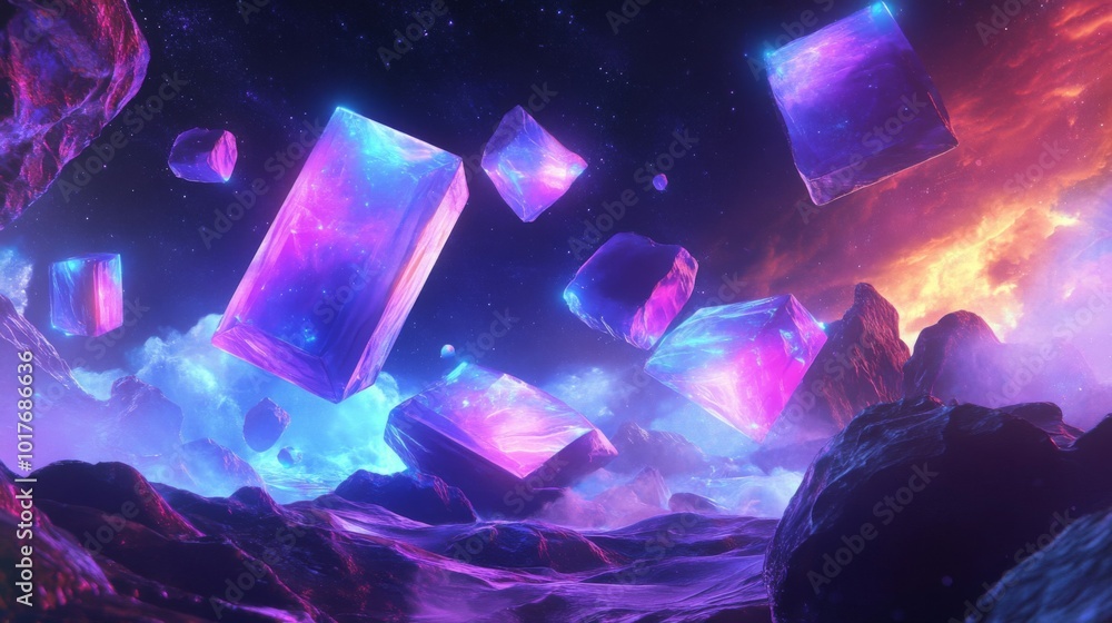 Glowing Cubes Floating Above a Mystical Landscape Glowing Cubes Floating Above a Mystical Landscape