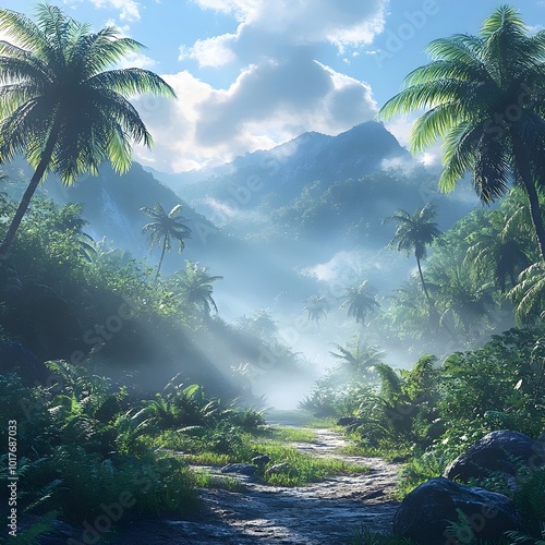 Fototapeta Naklejka Na Ścianę i Meble -  A misty jungle path leads towards a range of lush, verdant mountains. Sunlight filters through the trees, illuminating the path ahead.