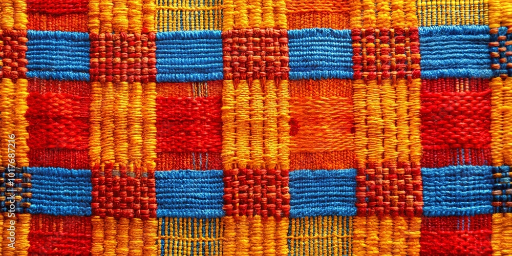 A Vibrant Tapestry of Interwoven Threads in Red, Orange, Yellow, and Blue Hues, Creating a Striking Geometric Pattern A Vibrant Tapestry of Interwoven Threads in Red, Orange, Yellow, and Blue Hues, Creating a Striking Geometric Pattern