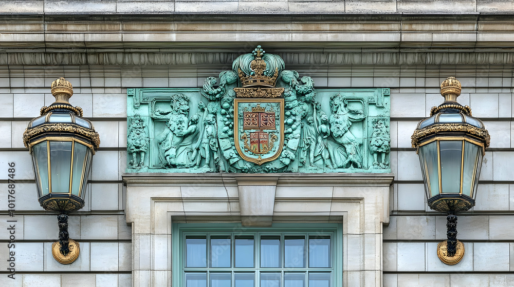 Ornate Coat of Arms and Lanterns on Historic Building Facade. Ornate Coat of Arms and Lanterns on Historic Building Facade.