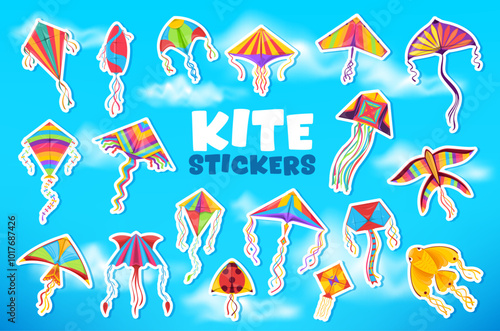 Kite stickers and cartoon flying toys for kids summer game play, vector icons. Cartoon colorful kites stickers in shape of rocket, ladybug and bird with goldfish and jellyfish with rainbow tails