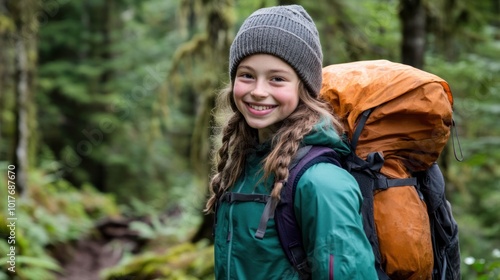 School girl in outdoor adventure education in wilderness setting Perfect for promoting specialized outdoor programs that teach leadership, survival skills, and environmental stewardship.