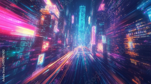 Futuristic Neon Cityscape with Streaks of Light