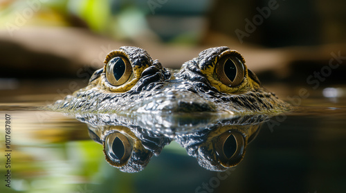 close up view of crocodiles eyes above water, showcasing its sharp gaze and intricate skin patterns. reflection in water adds serene yet captivating element to scene. 