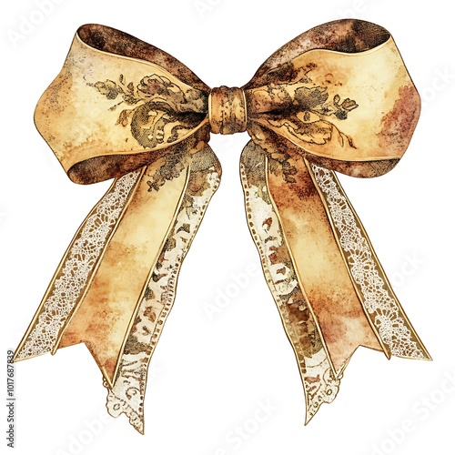 Photos A vintage Christmas bow, watercolor, faded ribbon with antique lace details, war