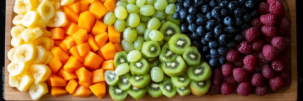 A variety of colorful fruits sliced and arranged on a wooden cutting board A variety of colorful fruits sliced and arranged on a wooden cutting board