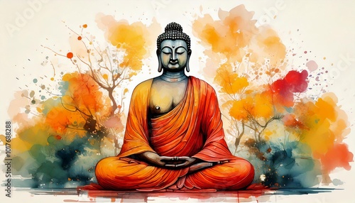 A watercolor-style illustration of a serene Buddha figure sitting in a meditative po