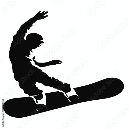 A silhouette of a snowboarder performing a trick, with a minimalist black and white style